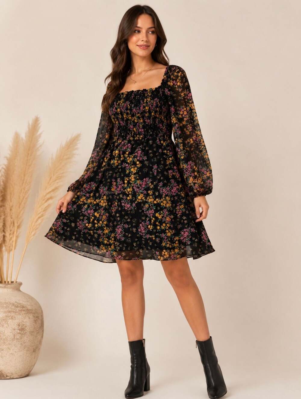 BCBG Paris Floral Smocked Square Neck Chiffon Dress Black Medium